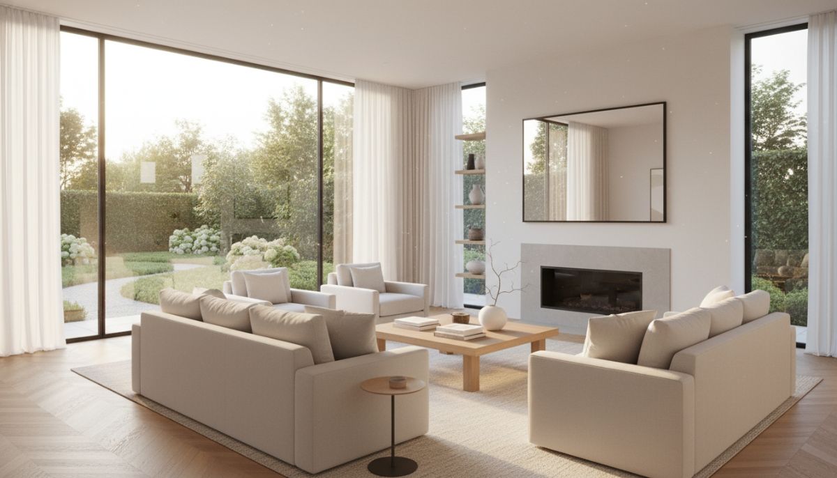 A high-end, sun-drenched living room staged for an open house, featuring neutral furniture, a minimalist fireplace, and large windows overlooking a manicured garden.