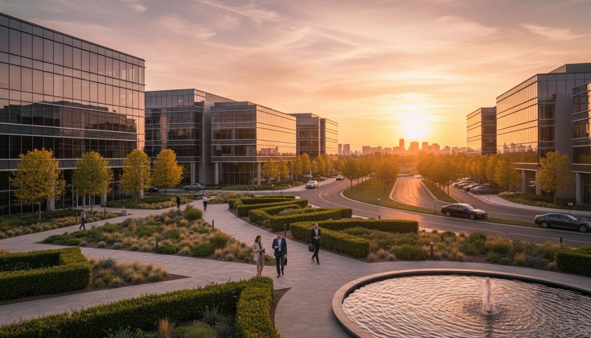 A wide-angle, high-resolution photo of a modern commercial business park featuring glass-fronted buildings, well-manicured landscaping, and a professional atmosphere during a golden hour sunset.