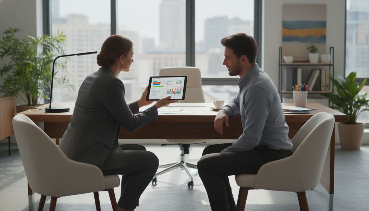 A professional real estate agent sitting at a desk in a modern office, showing a digital tablet with property market graphs to a young couple, warm and inviting atmosphere, high resolution, soft lighting