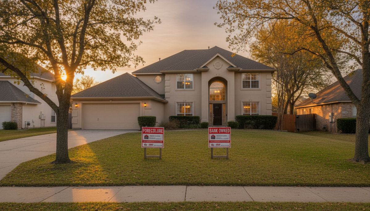 A professional, wide-angle photograph of a suburban house with a 'Foreclosure' and 'Bank Owned' sign in the front yard, warm evening lighting, high-quality real estate photography style.
