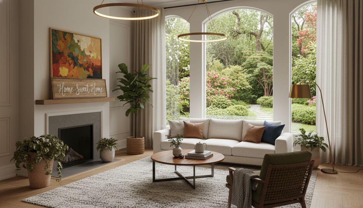 A cozy and elegant living room with large windows showing a lush backyard, modern furniture, warm lighting, and a 'Home Sweet Home' sign on a wooden shelf, high resolution, interior design style.