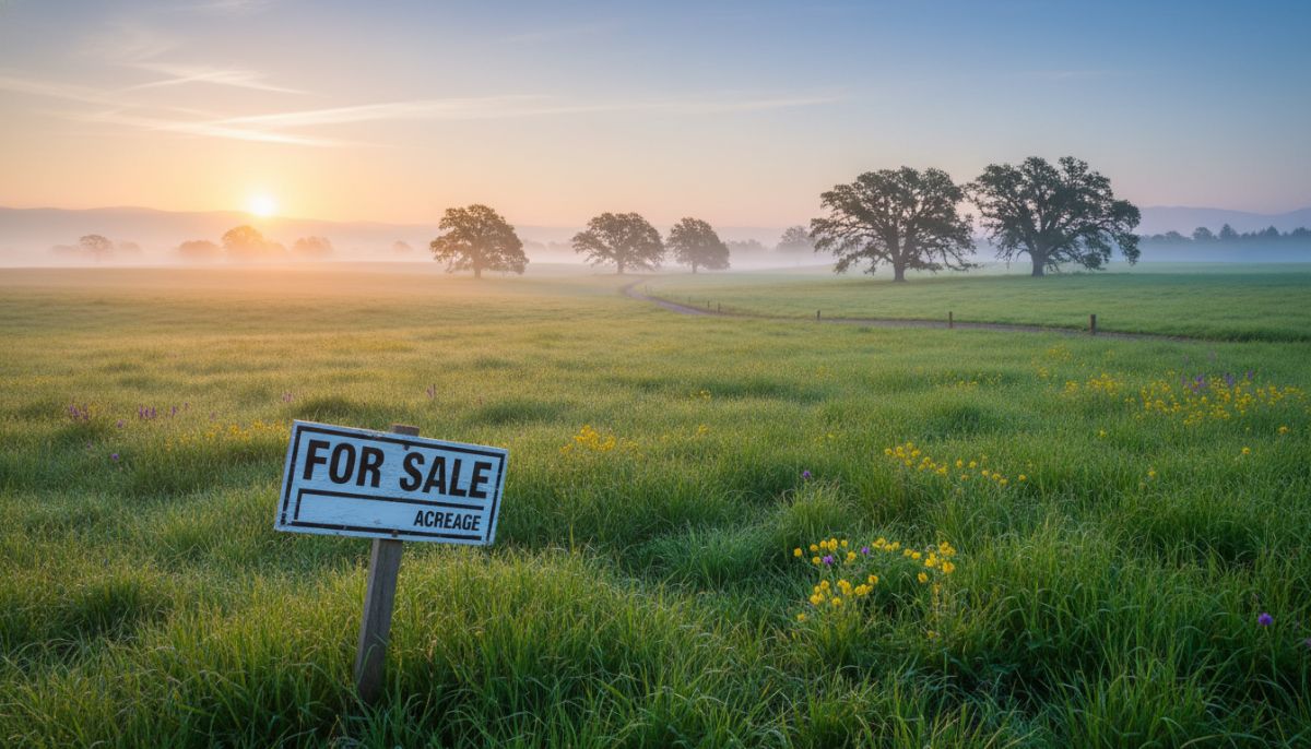 A wide-angle, high-resolution photo of a sprawling green meadow at sunrise, featuring a wooden 'For Sale' sign in the foreground and a distant line of mature oak trees under a soft, hazy blue sky.