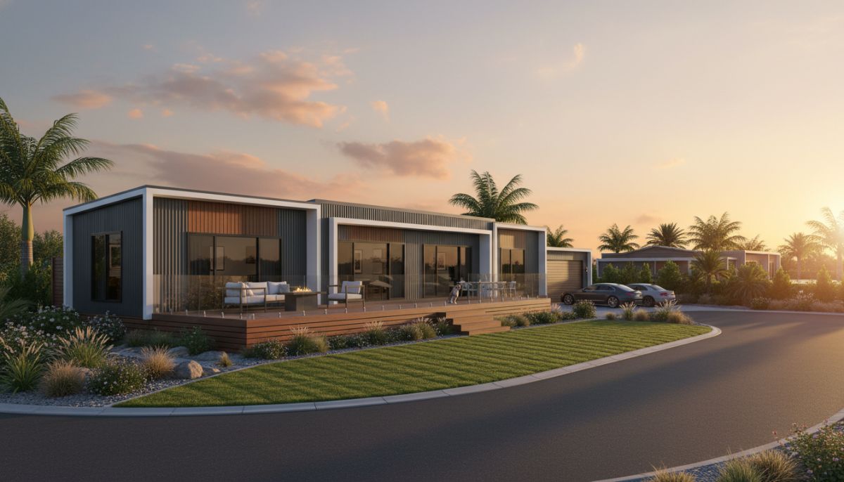 A luxurious double-wide manufactured home with a modern charcoal grey exterior, a large wooden deck, and professionally manicured lawn in a quiet cul-de-sac during sunset.