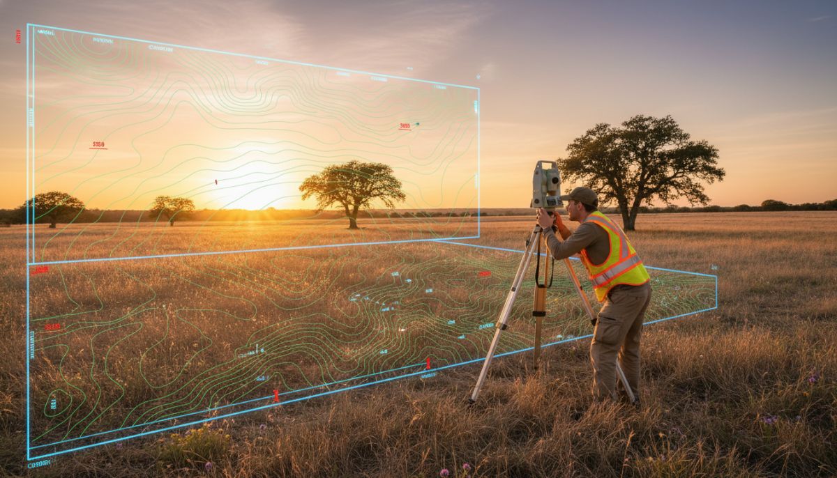 A professional real estate surveyor using a theodolite on a tripod in a vast open field during golden hour, with a digital overlay showing boundary lines and topographic contours.