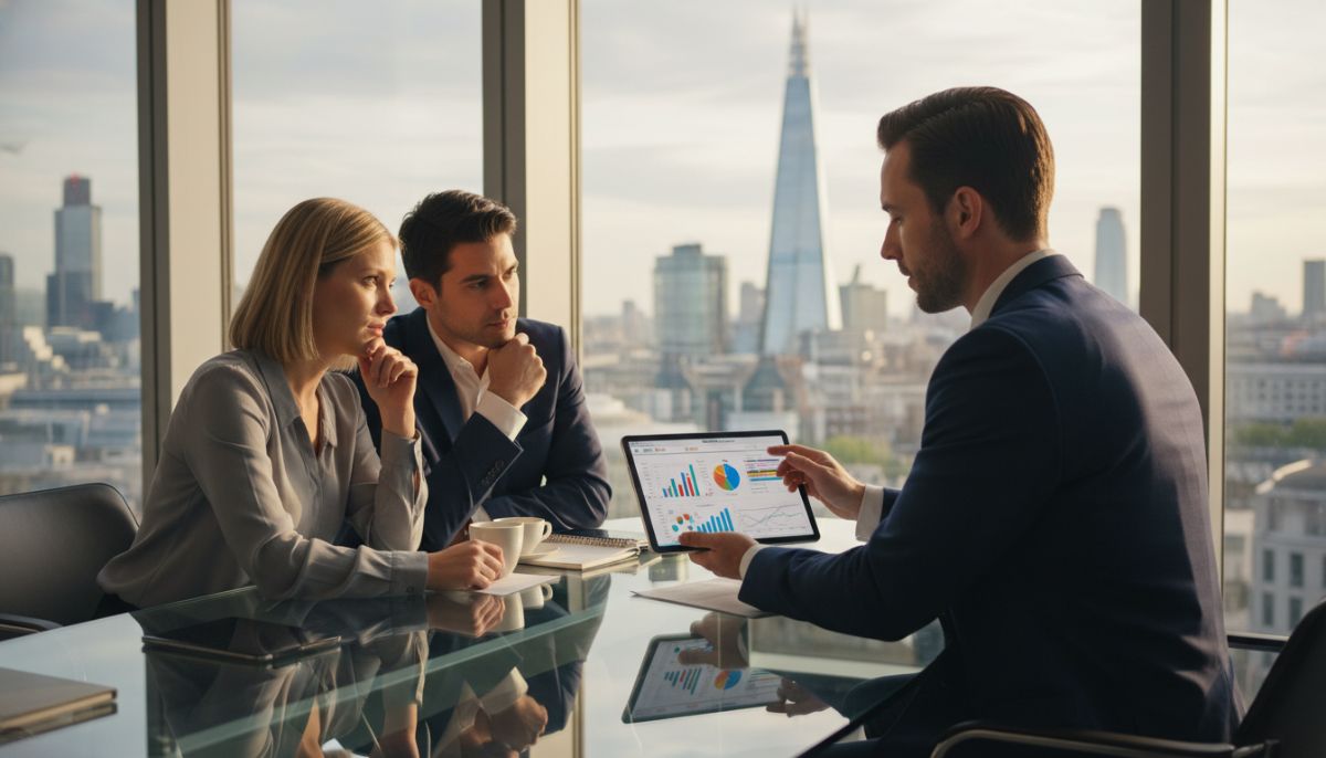 A professional financial advisor sitting with an expat couple in a modern glass office overlooking the London City skyline, discussing complex charts and tax documents on a tablet, photorealistic style, warm natural lighting.