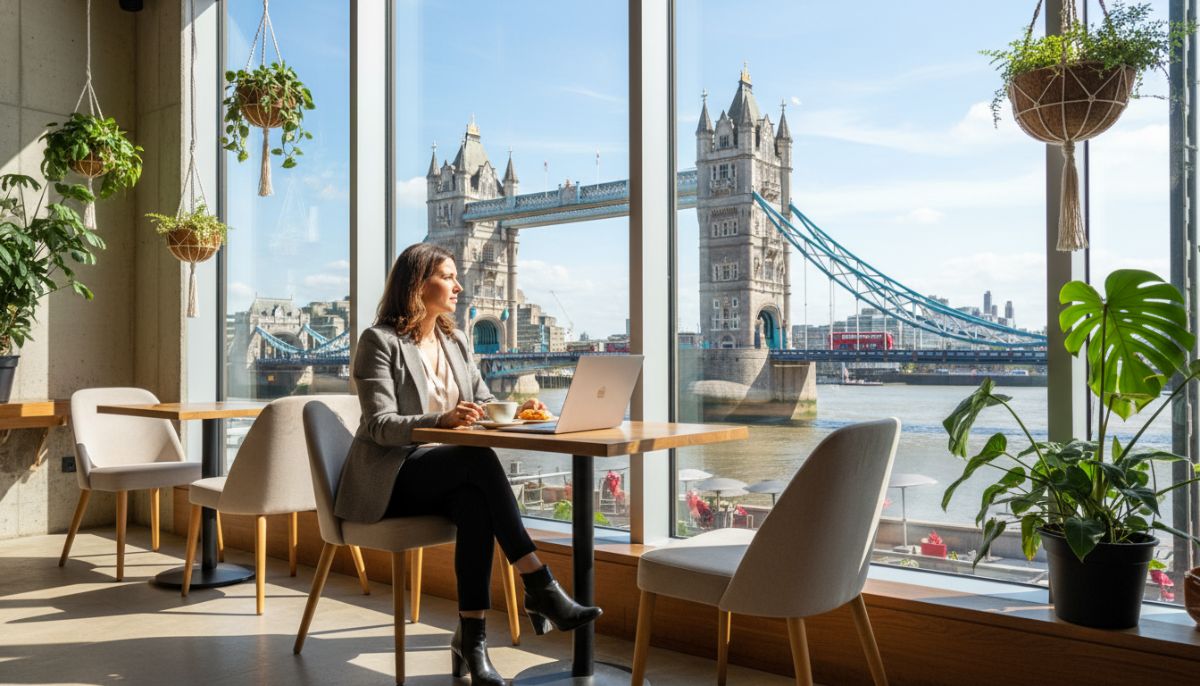 A professional expat sitting in a modern London cafe with a laptop, looking out at a view of the Tower Bridge, high-quality photography, bright and airy atmosphere
