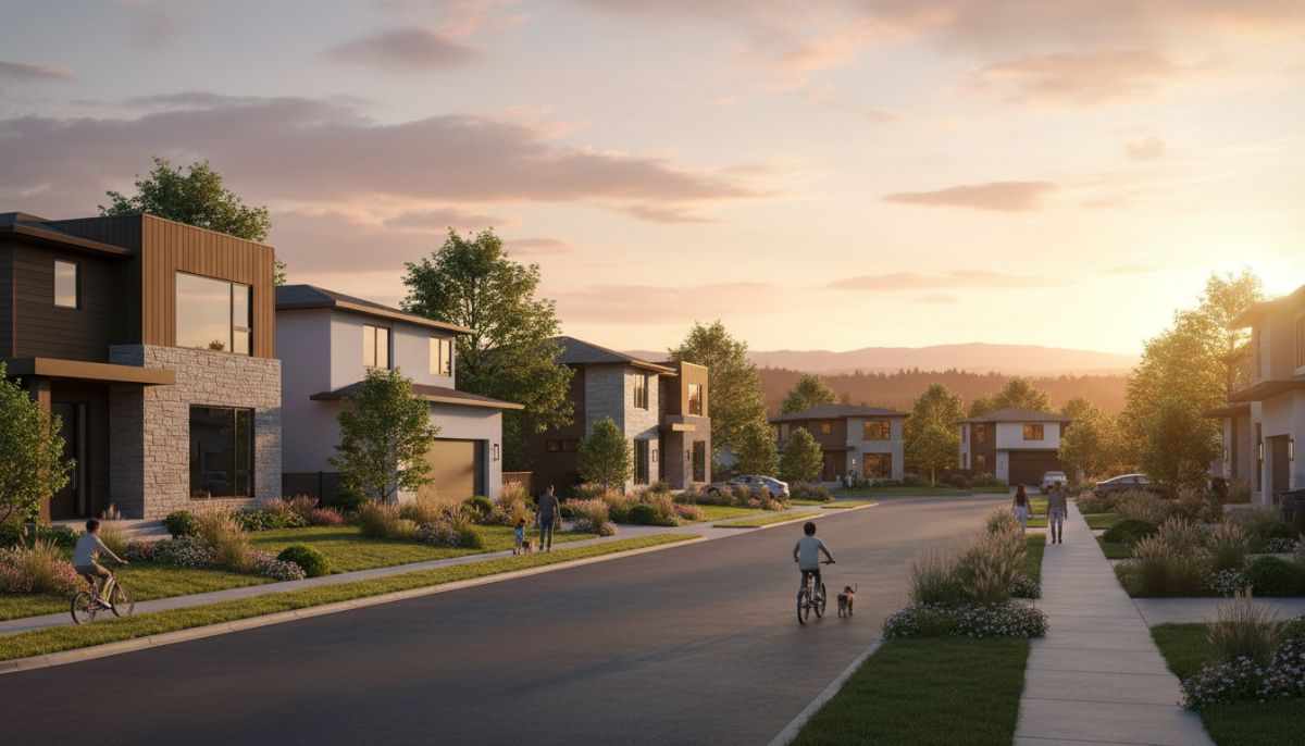A beautiful modern suburban neighborhood at golden hour, featuring contemporary two-story houses with mixed material facades like wood and stone, wide paved streets, and lush green landscaping.
