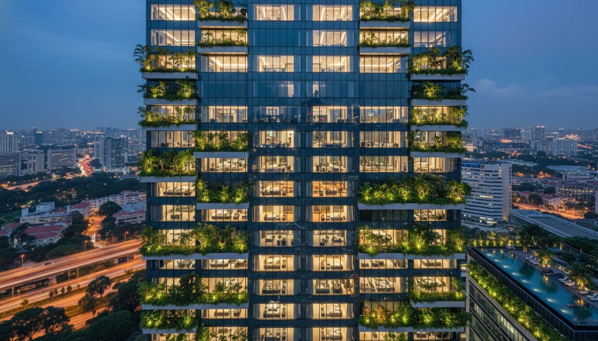 A cinematic, high-definition architectural photograph of a luxury residential skyscraper in the Orchard Road district at night, with floor-to-ceiling glass windows glowing softly, surrounded by lush vertical gardens and the bright city lights of Singapore in the background.