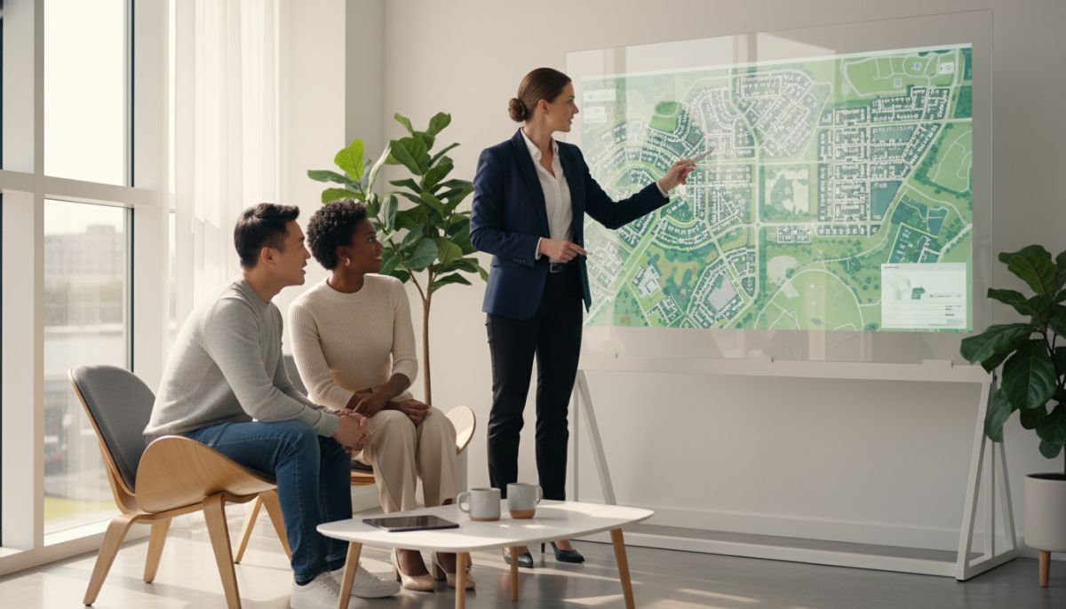 A professional real estate agent presenting a digital property map to a diverse couple in a modern, sunlit office, minimalist interior design, high-quality photography