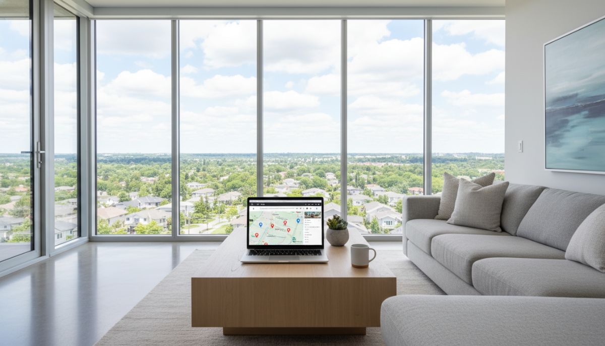 A high-quality interior shot of a bright, modern living room with large windows showing a suburban neighborhood, with a laptop open on a coffee table displaying the Zillow search results map.